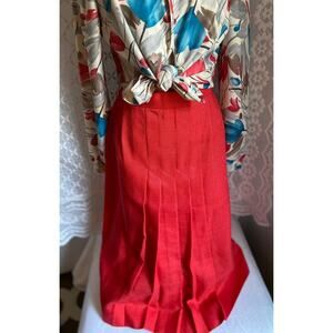 Vtg Orange/Red Pleated Skirt Villager Petite Perceptions Small P 5/6